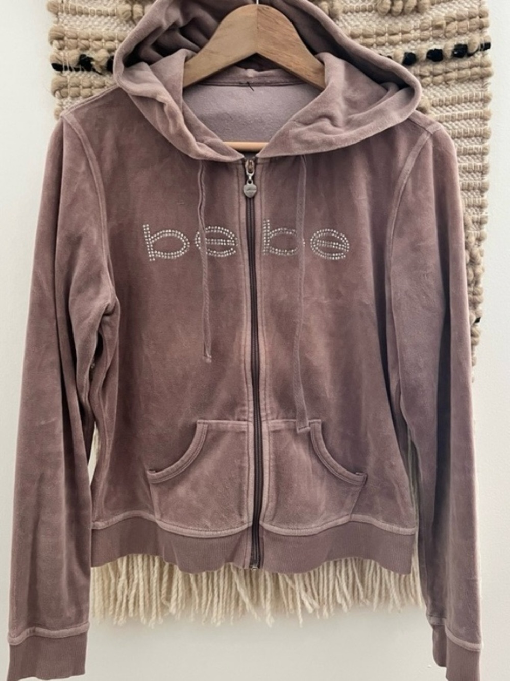 bebe (set) Rhinestone Logo Velvet Zip Hoodie - mocha/Mauve Pink with pants